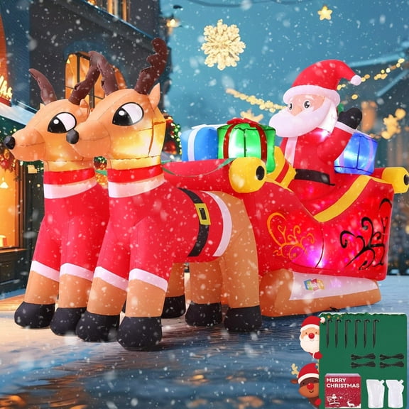 Veeboto 7.8x2.5x4.5 FT Christmas Inflatable Santa Built-in LEDs, Christmas Inflatable Outdoor Decoration with Reindeers & Gift Boxes,  for Lawn Yard Garden