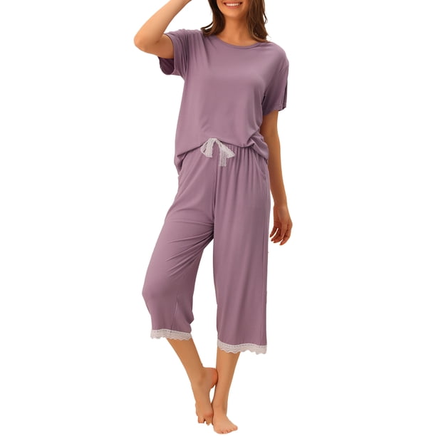 Conjunto de pijama para mujer INSPIRE CHIC, camisetas de manga corta con encaje y pantalones capri de modal, ropa de dormir de primavera y verano, color púrpura