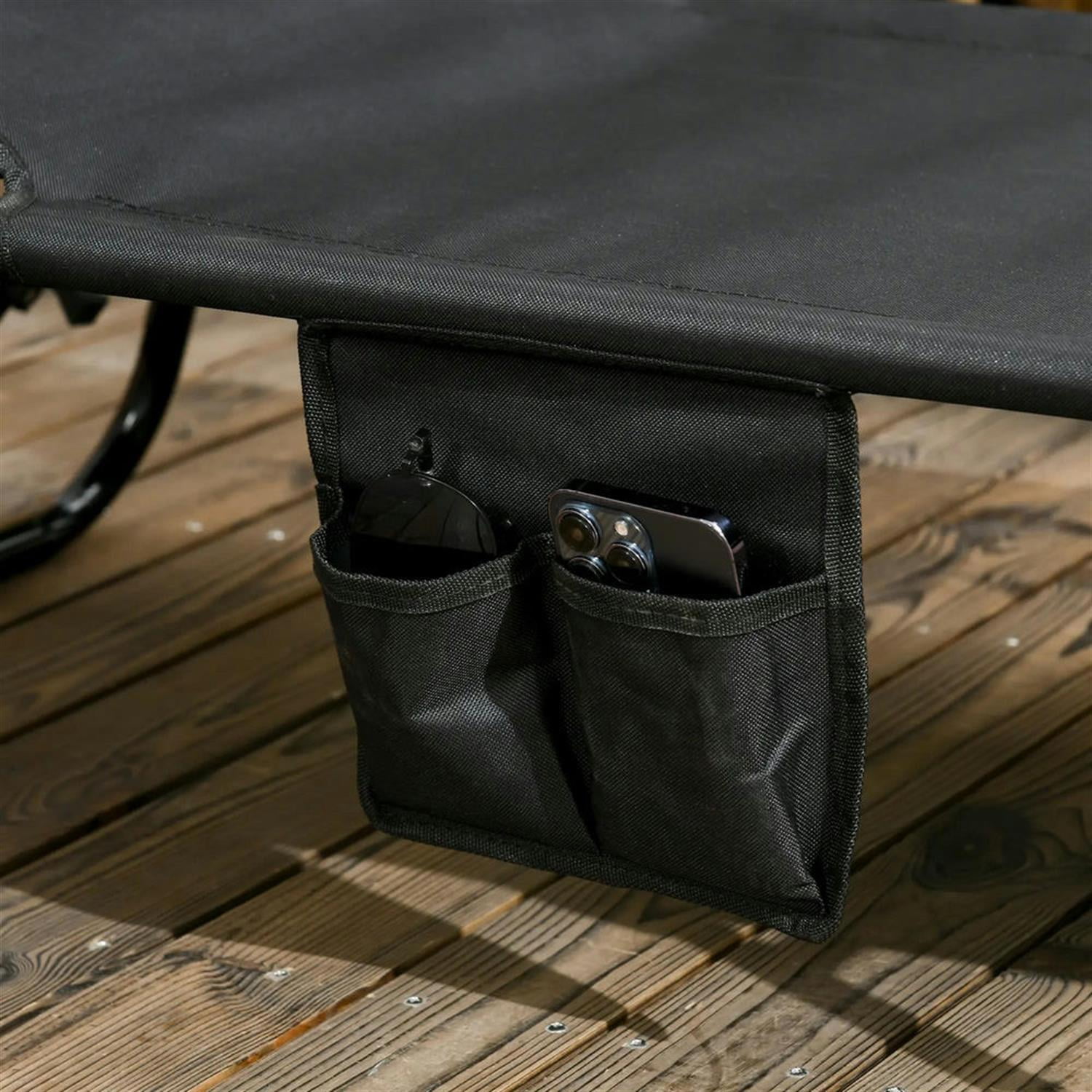 Demi Bonn Outdoor Folding Chaise Lounges Set of 2 with Canopy, Steel Frame, Side Pockets, Reclining Sun Chairs for Beach, Yard, Patio, Black