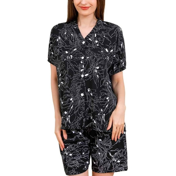 YABCSAZ Oversize Pajama Sets for Women Long Sleeve V Neck Button Tops and Wide Leg Bermuda Shorts Casual Loose Printed 2 Piece Outfits