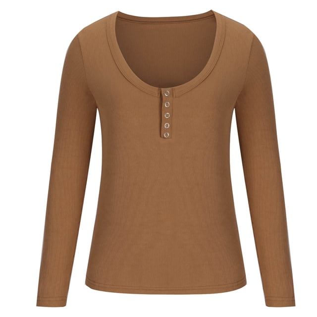 Timegard Womens Tops Long Sleeve Slim Button Basic Tee Shirts Casual Ribbed Knit Solid Color Fall Tops
