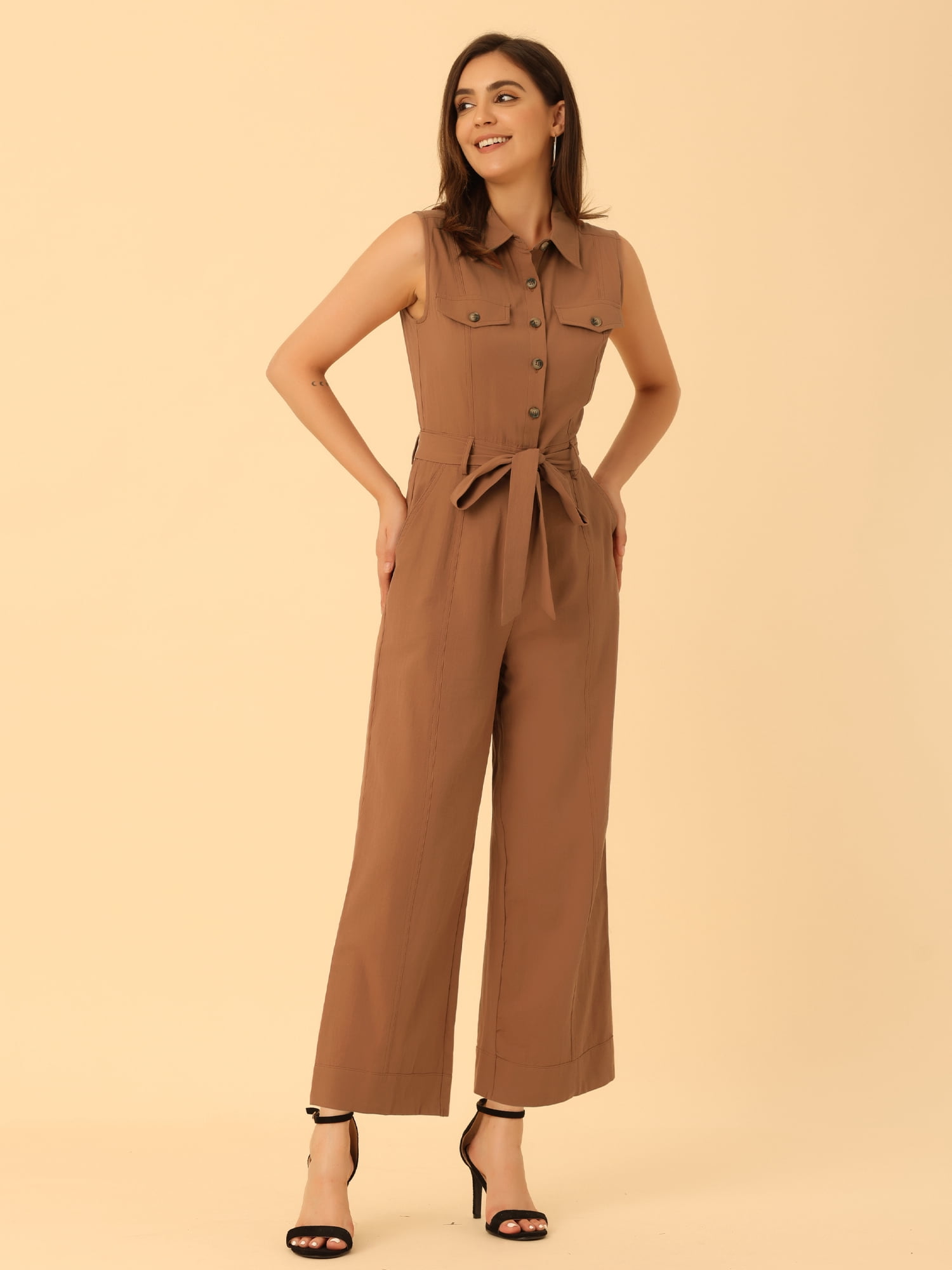 DARING DIVA Women's Wide Leg Jumpsuit Collared Tie Waist Coverall S Brown