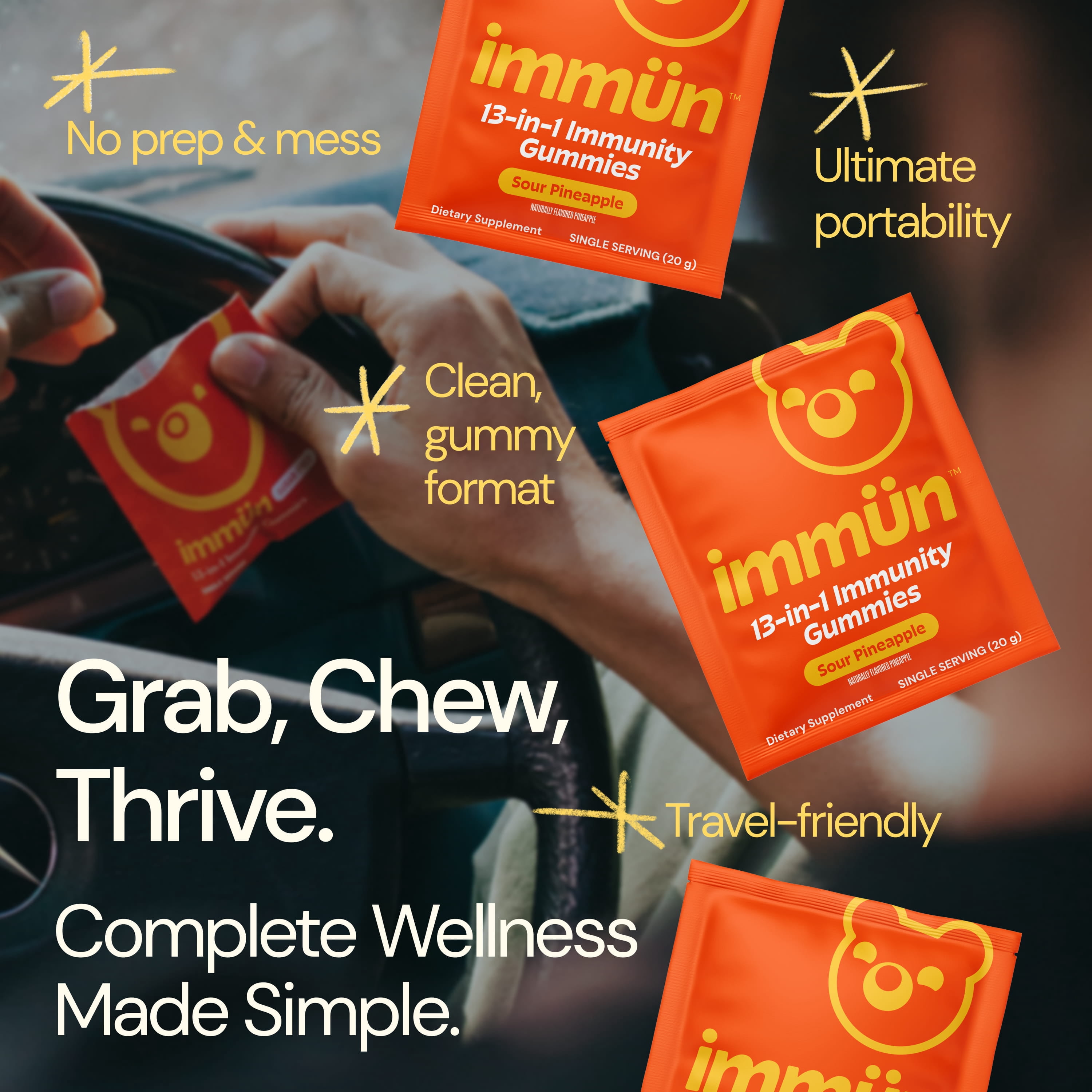 Immun by Gruns Low Sugar Immunity Support Gummies for Adults with Vitamin C, MCT Oil, Ashwagandha, Elderberry, and Zinc, Contains Prebiotic Fiber for Gut Health, 12 Servings