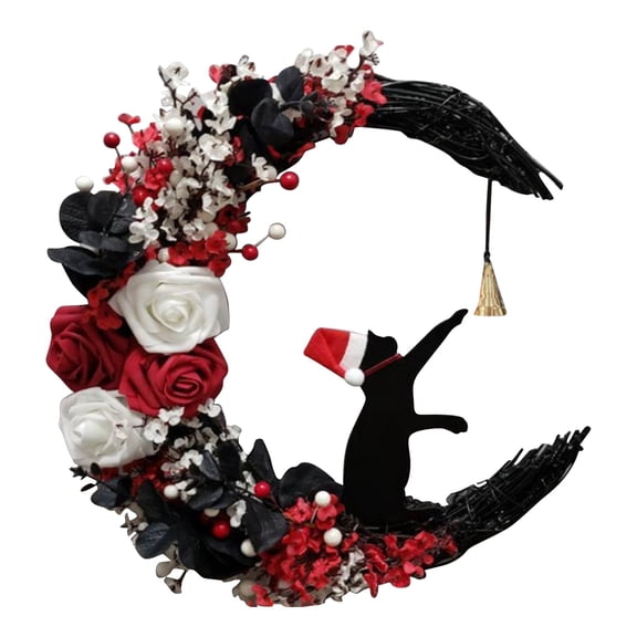 Christmas Farmhouse Wreaths for Front Door Wall Ornament Moon Wreath with Cat Flowers with Rose Garland Decorations for Indoor Outdoor Window丨B