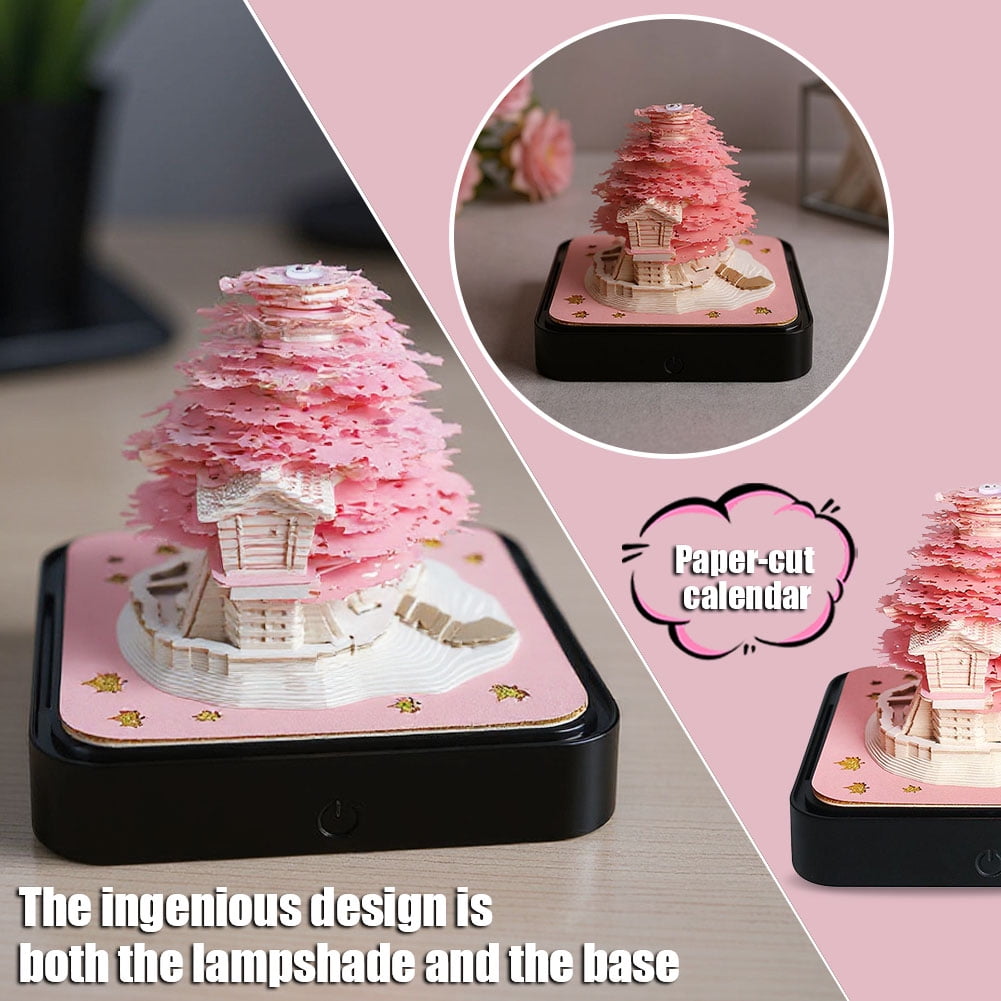 3D Desk Calendar 2026 with LED Lights, 3D Art Calendar Memo Pad 2026, Tear-Away 3D Paper Art Notepad, Romantic Tree House Desktop for Christmas New Year Gifts (Pink)