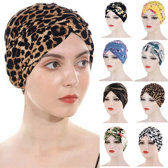Ludlz Women鈥檚 Pleated Turban Leopard Prints Elastic Beanie Floral Head Wrap Chemo Cap Hair Loss Hat Sleep Cap Twist Bonnet