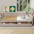 thumbnail image 3 of Euroco Upholstered Full Size Platform Bed with 2 Storage Drawers for Kids Teens, Beige, 3 of 14