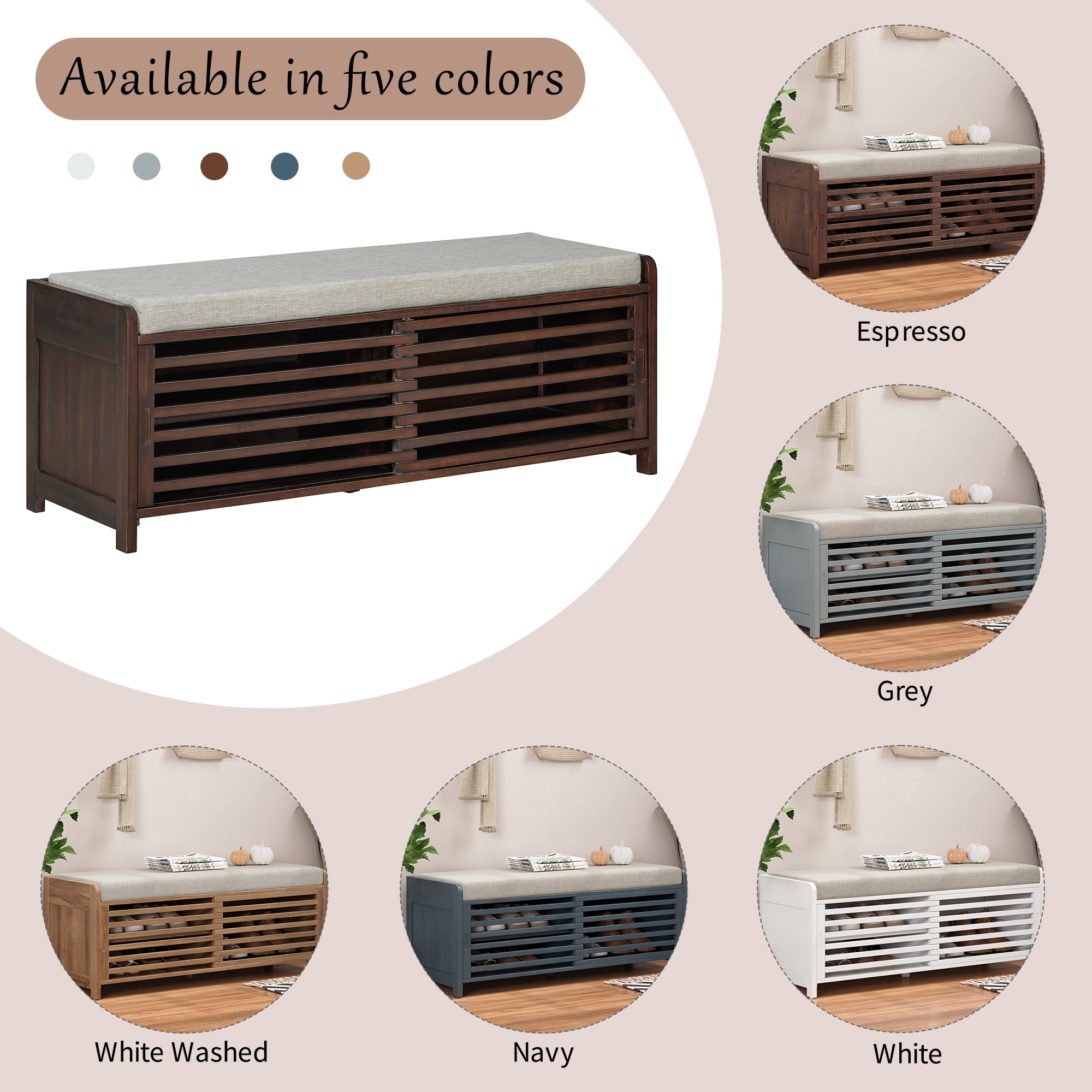 Euroco Shoe Bench with Storage and Cushion, Distressed Shutter Storage Bench with Retro Charm for Living Room, Entryway (Espresso)