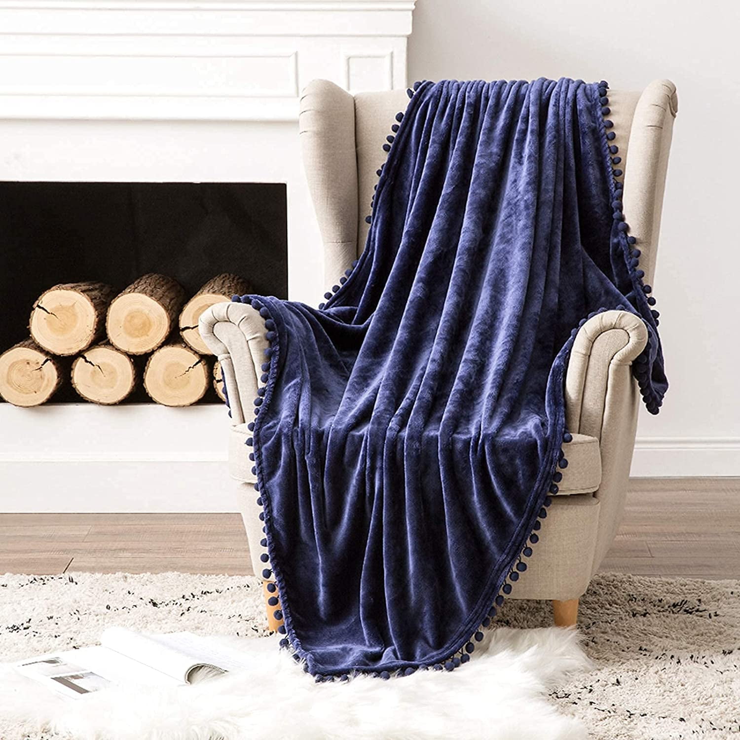 Iguohao 1 Navy Blue Throw Blanket With Pom Pom Fringe Flannel Fleece 50x60 Inches And Set Of 2 Cozy Velvet Throw Pillow Covers With White Pom Poms 18