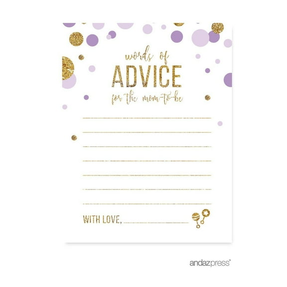 Advice for Mom & Dad  Lavender Gold Glitter Baby Shower Games, 20-Pack