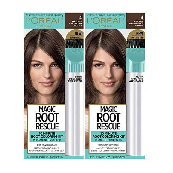 L'Oreal Paris Magic Root Rescue 10 Minute Root Hair Coloring Kit, Permanent Hair Color with Quick Precision Applicator, 100 percent Gray Coverage, 4 Dark Brown, 2 count