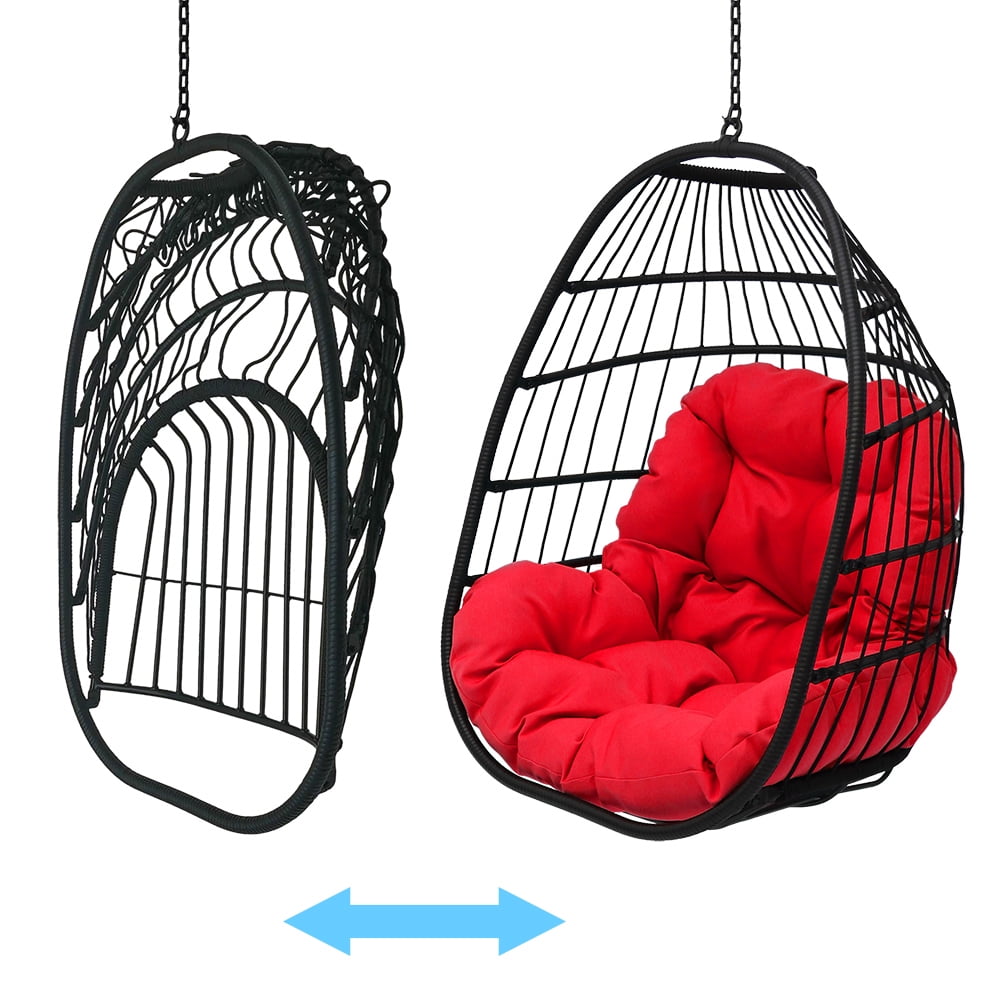 Abble Outdoor Wicker Hanging Basket Swing Chair with Cushion and Stand - Black & Red