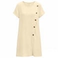 thumbnail image 3 of Vivianyo HD Women's Round Neck Mini Dress, Womens Casual Dress with Diagonal Side Button Short Sleeve Summer Dresses, Women's Beige, Sizes S-2XL, 3 of 6