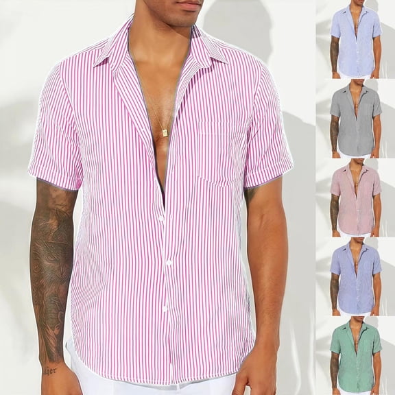 QIUOMBBP Striped Button Down Shirts for Men Short Sleeve Dress Tees with Pocket Loose Lightweight Summer Business Casual Tshirts Blue L