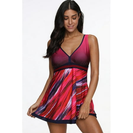 2 Piece Pleats Suit - Women's Red Tankini V-neck Color Block Patchwork Pleated Padded Push Up Two Pieces Bathing Suit Beachwear