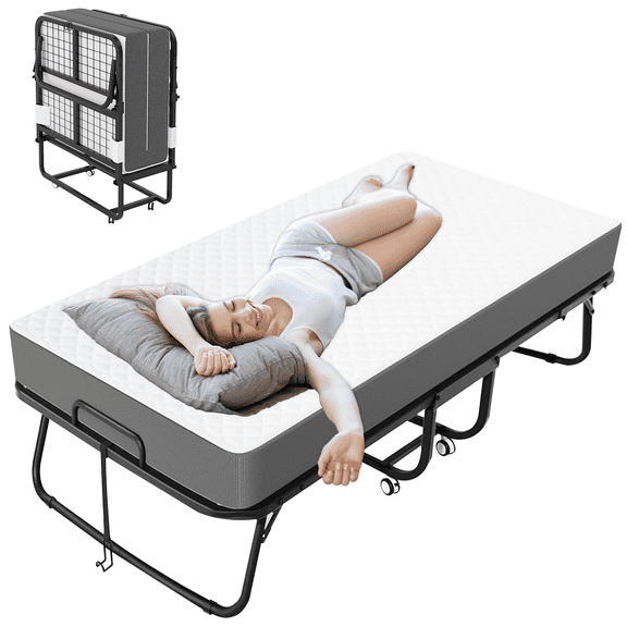 BSISHL Folding Bed with Mattress, Portable Rollaway Guest Bed with Wheels, Foldable Cot Bed for Adults, Temporary Sleeping Bed for Home, Office, Hotel, Twin Size