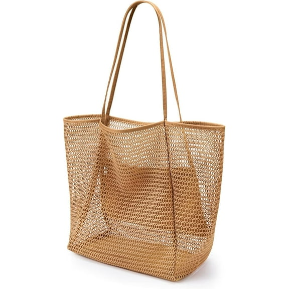Beach Bags for Women, Summer Travel Mesh Tote Bag with Large Inner Pocket, Sandproof Woven Shoulder Handbag