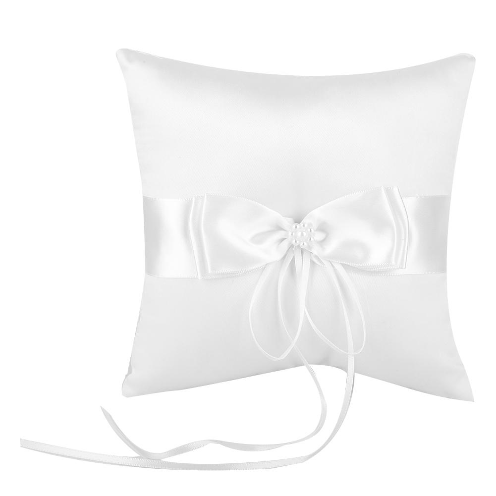 Raguso White Bowknot Ring Bearer Pillow Holder Wedding Ring Pillow with Simulation Pearl for Wedding Ceremony 15 * 15cm
