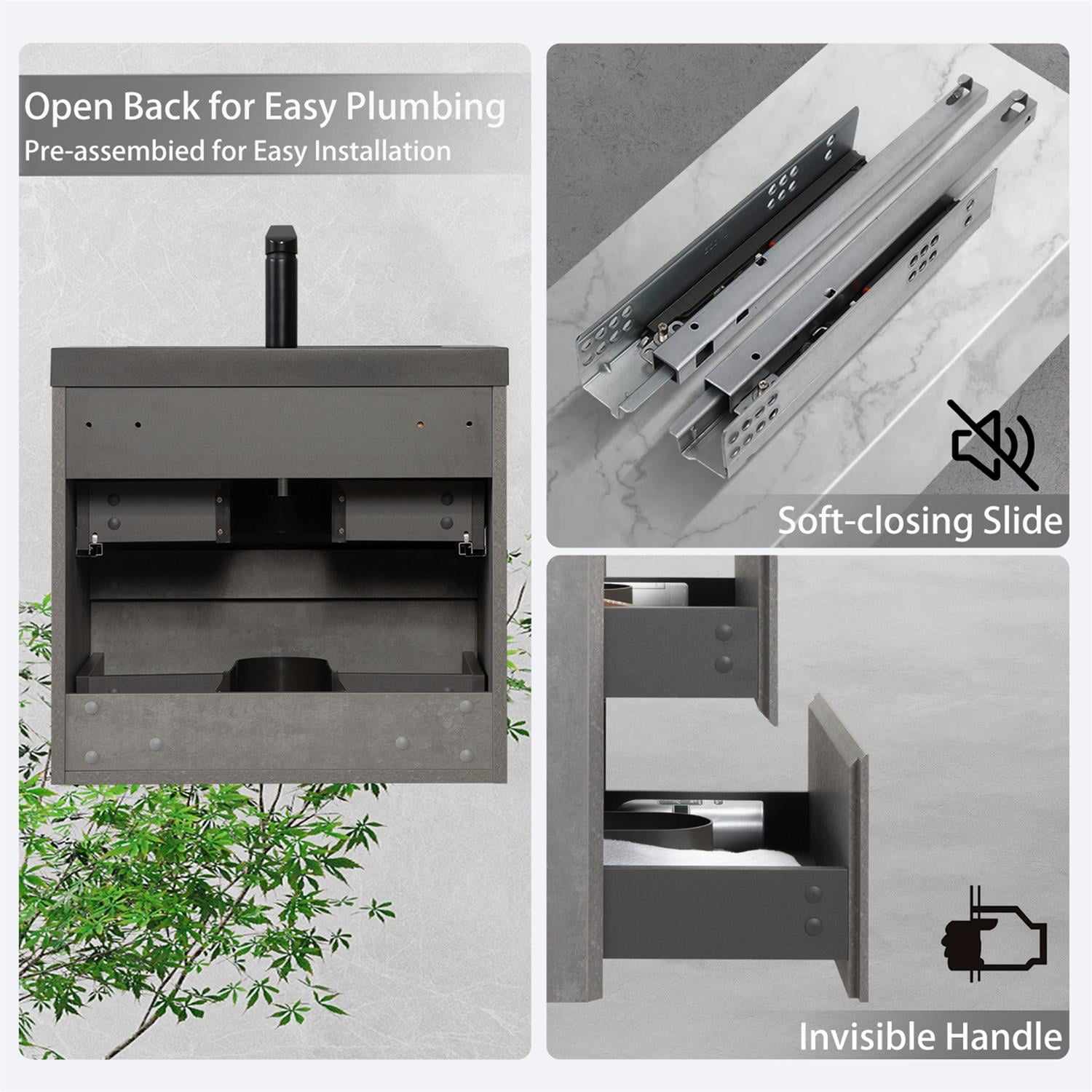 Demi Bonn 23" Floating Bathroom Vanity with Sink, Black Quartz Sand Top Basin and 2 Soft Close Drawers, Faucets and Drains Not Included, Gray