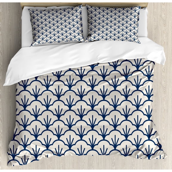 Geometric Duvet Cover Set King Size, Abstract Monochrome Cloud Motif Pattern Japanese Civilization Influences, Decorative 3 Piece Bedding Set with 2 Pillow Shams, Dark Blue Cream, by Ambesonne