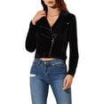 thumbnail image 5 of MODA NOVA Juniors Velvet Notched Lapel Zipper Cropped Motorcycle Jacket, 5 of 6