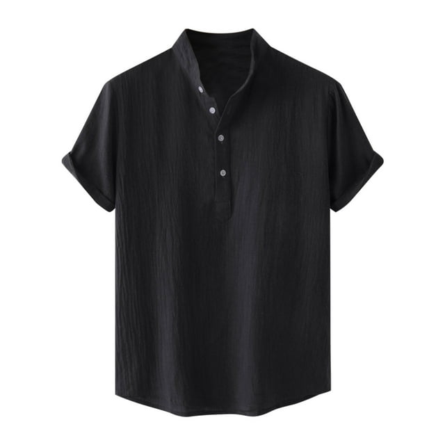 cfhntfmh Cotton Linen Shirts for Men Summer Short Sleeve Button up Beach T-Shirts Lightweight Solid Collared Tops
