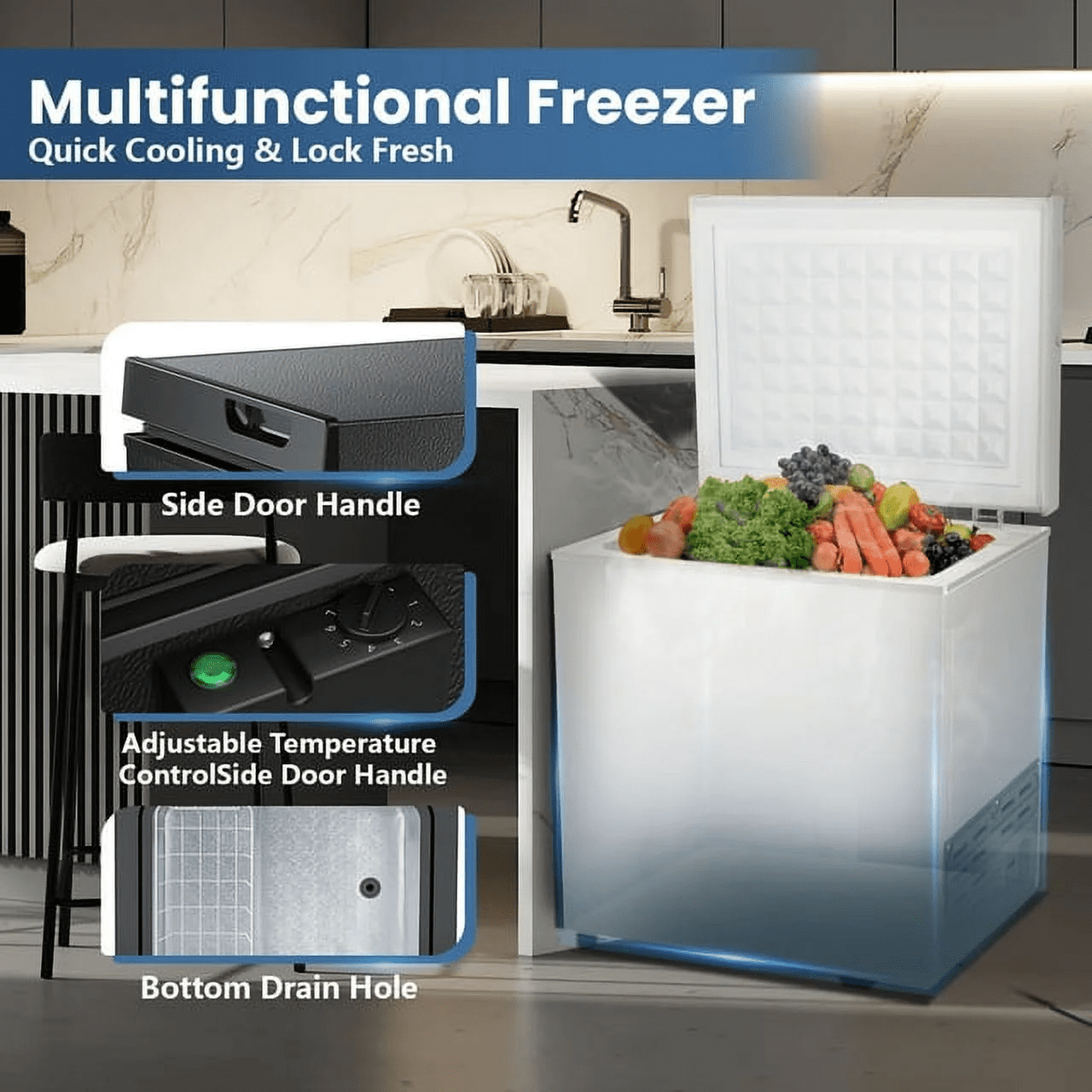 Auseo 2.5 cu ft Chest Freezer Free Standing Top open Door Deep Compact Freezer with 7 Gear Adjustable Temperature, Suitable for Home/RV/Kitchen/Office-White
