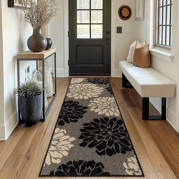 MeyJey Kitchen Rug 24"x71", Non Slip Washable Absorbent Runner Rug Floor Mat for Kitchen Front of Sink Laundry Hallway, Black/Beige