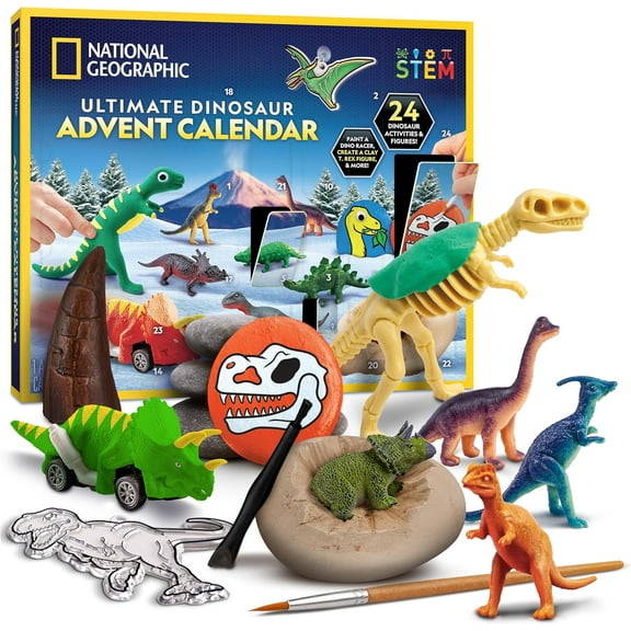NATIONAL GEOGRAPHIC Dinosaur Advent Calendar with 24 Dino Activities and Figures, Paint a Dinosaur Racer, Create a Clay T. Rex, Excavate a Dino Tooth Replica
