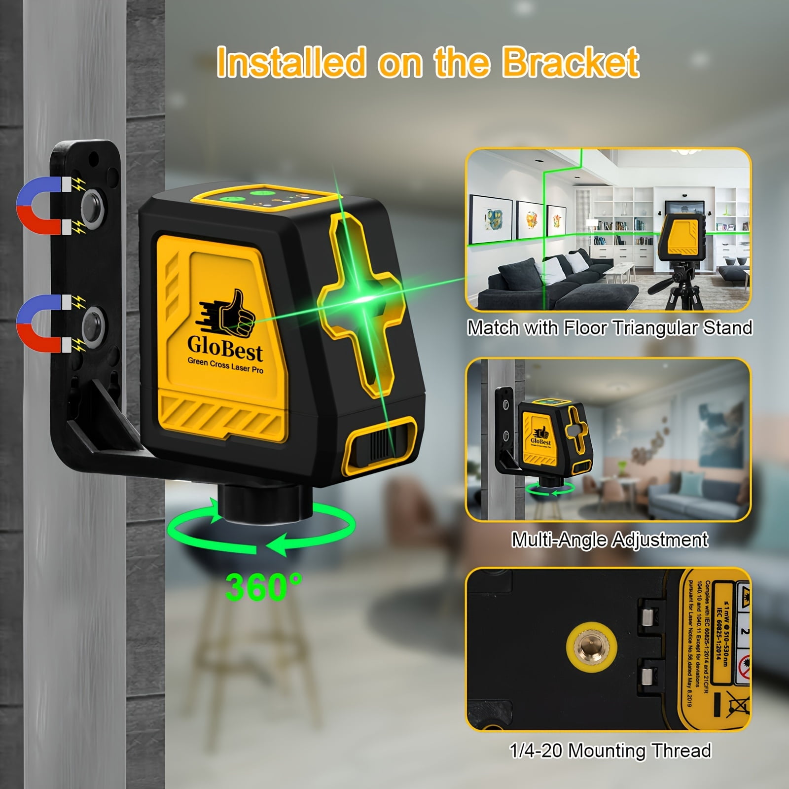 Laser Level, Self Leveling Cross Line Lasers, Green Beam Leveler Tool, with Self-leveling, Manual, Pulse Mode, Lazer Level with 360 Degree Magnetic Base and Battery