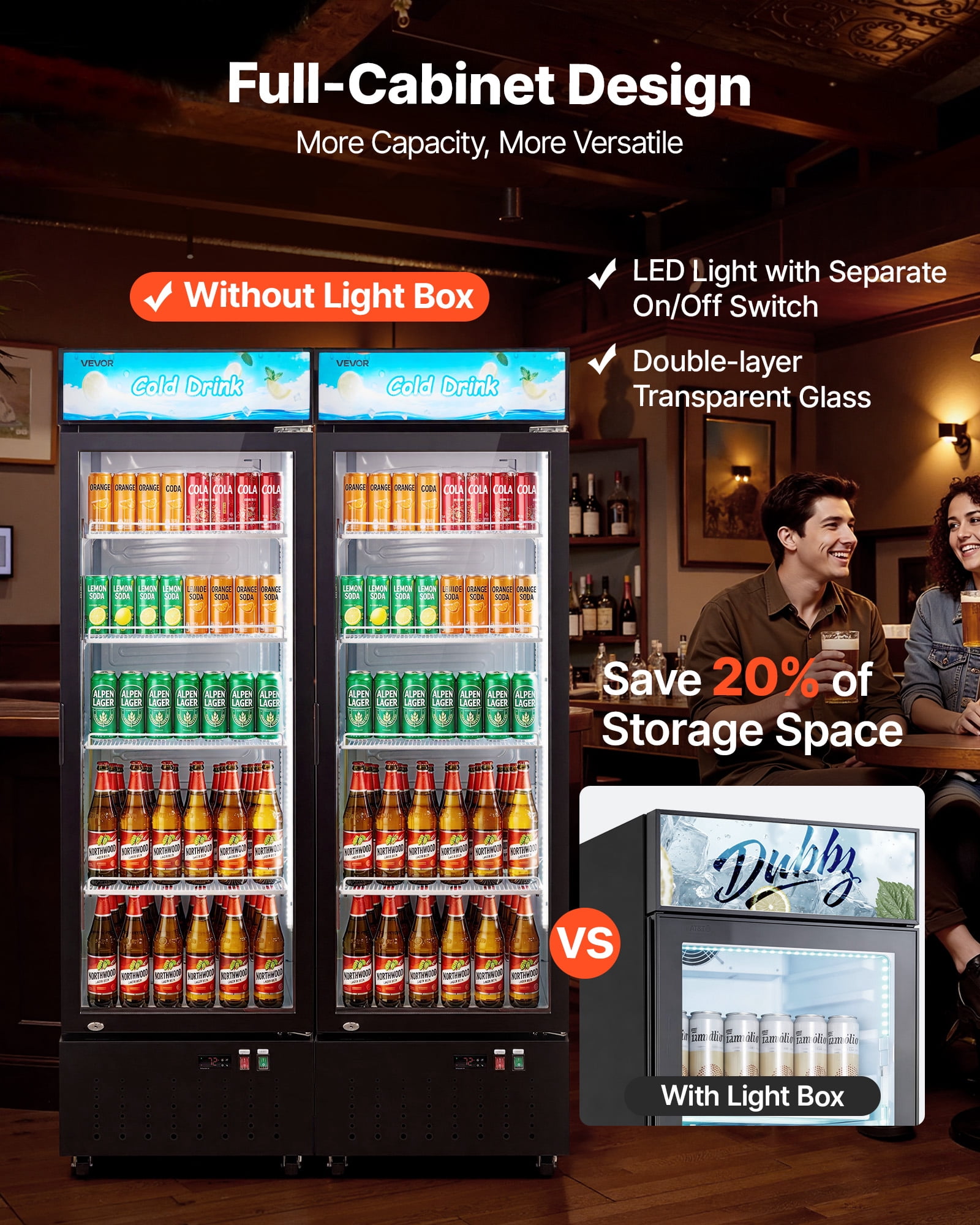 VEVOR Commercial Merchandiser Refrigerator, 12.7 Cu.Ft / 360 L Glass Door Display Refrigerator, Upright Beverage Cooler with Customizable Lightbox,4 Adjustable Shelves & Soft LED Light for Home Shops