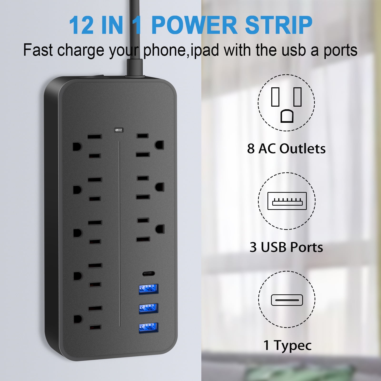 12-in-1  Protector Power Strip Extension Cord Flat Plug Power Strip With Long Cord 8 Outlets And 3 USB &amp; 1  Port 1700J Wall Mount Desk Power Strip For Home Office