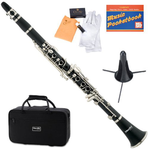 Mouthpiece 10 Reeds and More Mendini MCT-E+SD+PB Black Ebonite B Flat Clarinet with Case Pocketbook Stand