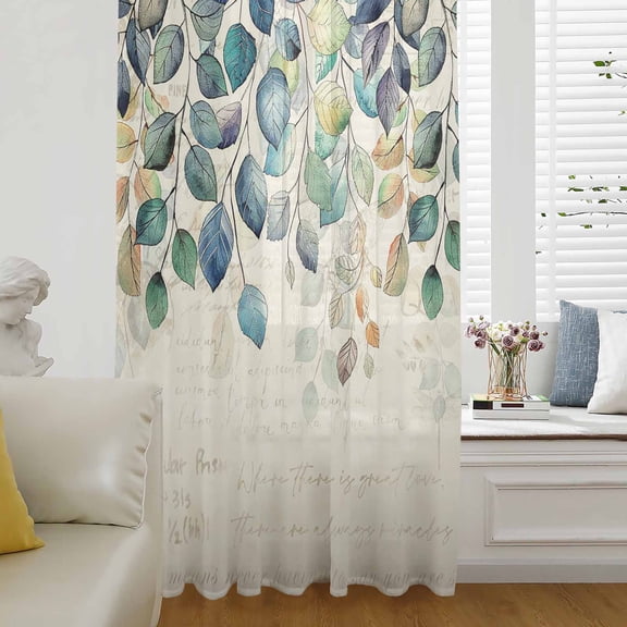 Blue Teal Botanical Sheer Curtains 84 Inch Length, Light Filtering Voile Curtain Panel, Weeping Fall Eucalyptus Leaves Rustic Rod Pocket Drapes Window Treatments for Living Room Bedroom 52"x84"