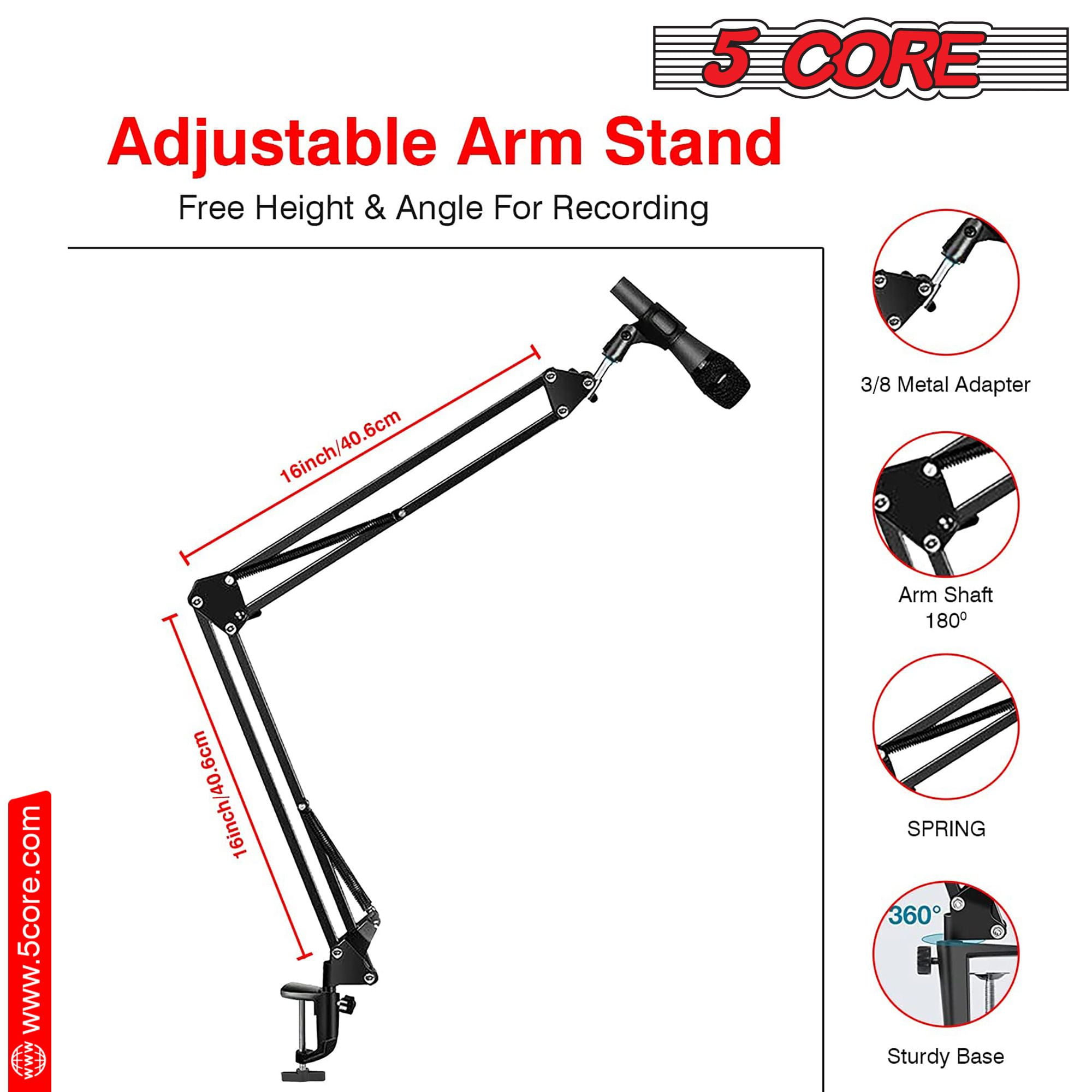 Microphone Arm Stand Upgraded Adjustable Suspension Boom Scissor Arm Mic Holder with Pop Filter 3/8" to 5/8" Adapter Mic Clip Shock Mount Cable Ties,Black