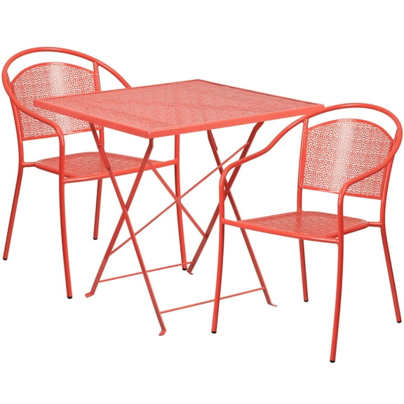 Flash Furniture Oia Commercial Grade 28" Square Coral Indoor-Outdoor Steel Folding Patio Table Set with 2 Round Back Chairs