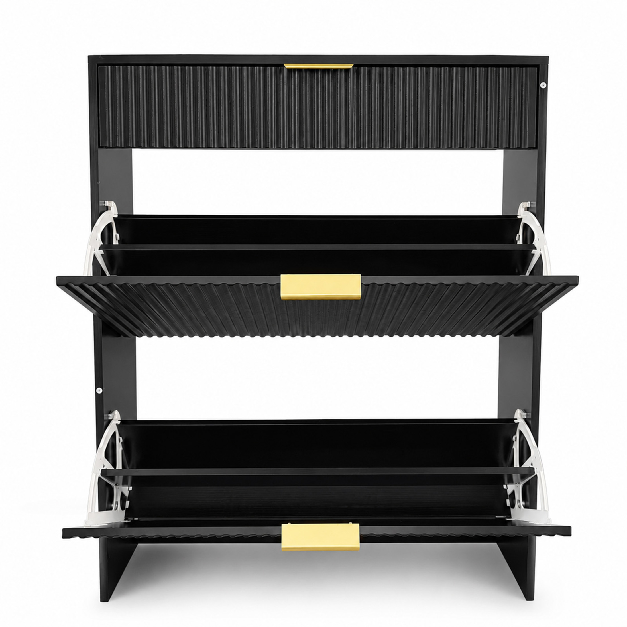 GDF Studio Solus Narrow Fluted Shoe Storage Cabinet with Gold Pull Handles, Modern Slim Hallway Organizer, Black