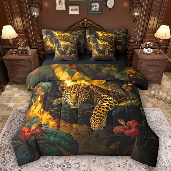 Feelyou Jungle Cheetah Leopard Twin Bedding Sets 7pcs, Flower Leaves Bedding Comforter Set