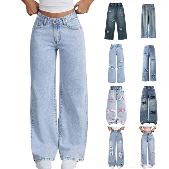 ClothesFuns Girls Wide Leg Jeans Baggy High Waist Elastic Waistband Pull On Loose Denim Pants Kids Light Wash Y2k Vintage Casual Trousers