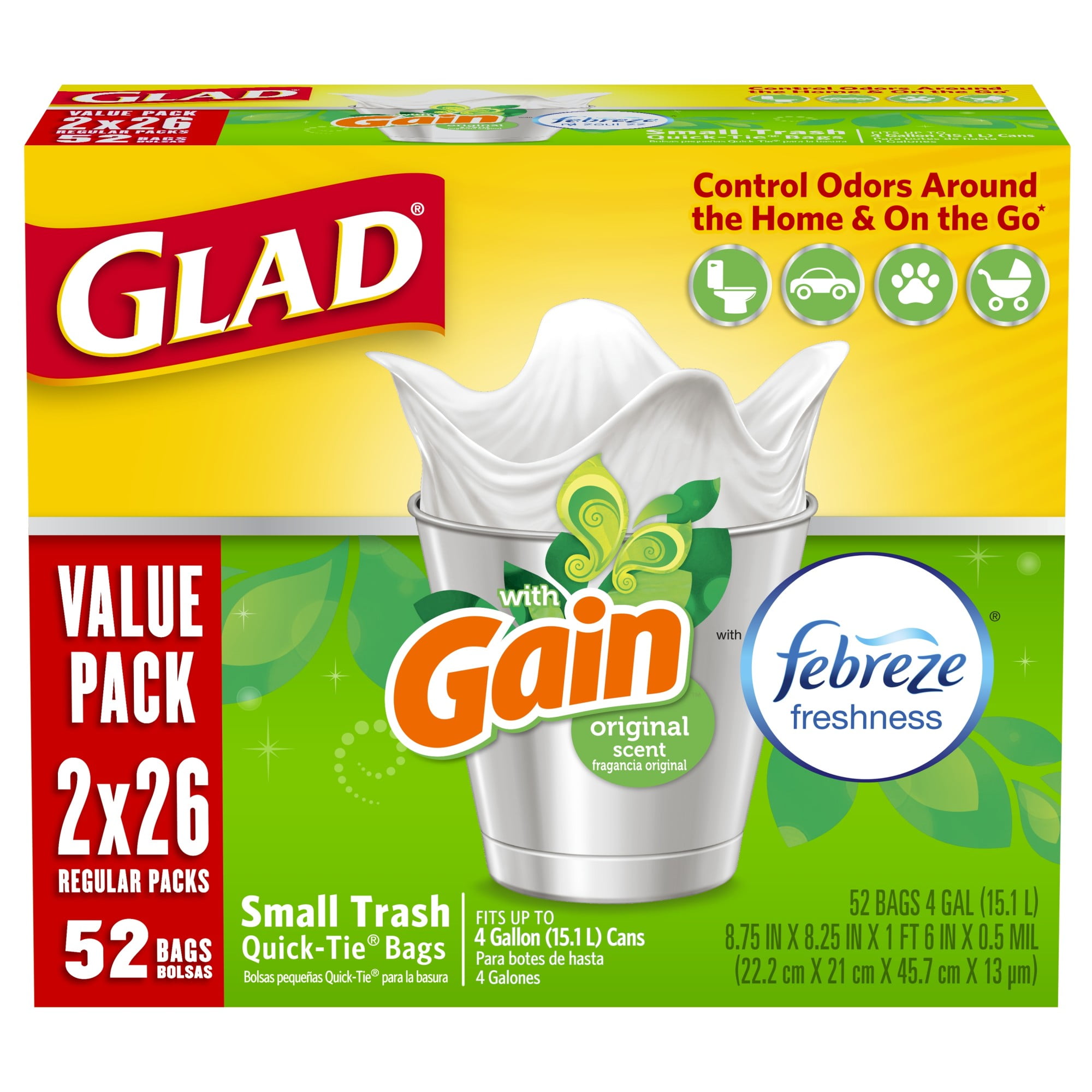 Glad Small Trash Bags, 4 Gallon, 52 Bags (OdorShield, Quick Tie, Gain