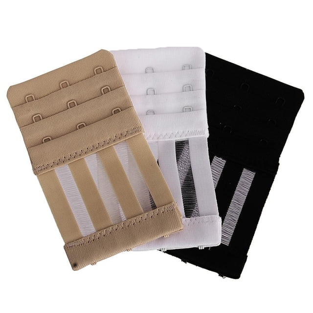 3x Bra Extender 3-Hooks Ladies Bra Extension Strap for Strapless Dress Black. A set of three nylon bra extenders with 3 rows and 3 hooks, displayed in beige, white, and black. These extenders are designed to increase bra band length for added comfort and measure approximately 10.3cm x 5.8cm (4.05 inches x 2.28 inches).