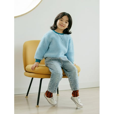 

Baby Blue Toddler Girls Drop Shoulder Patched Detail Teddy Pullover Casual 120 S040E