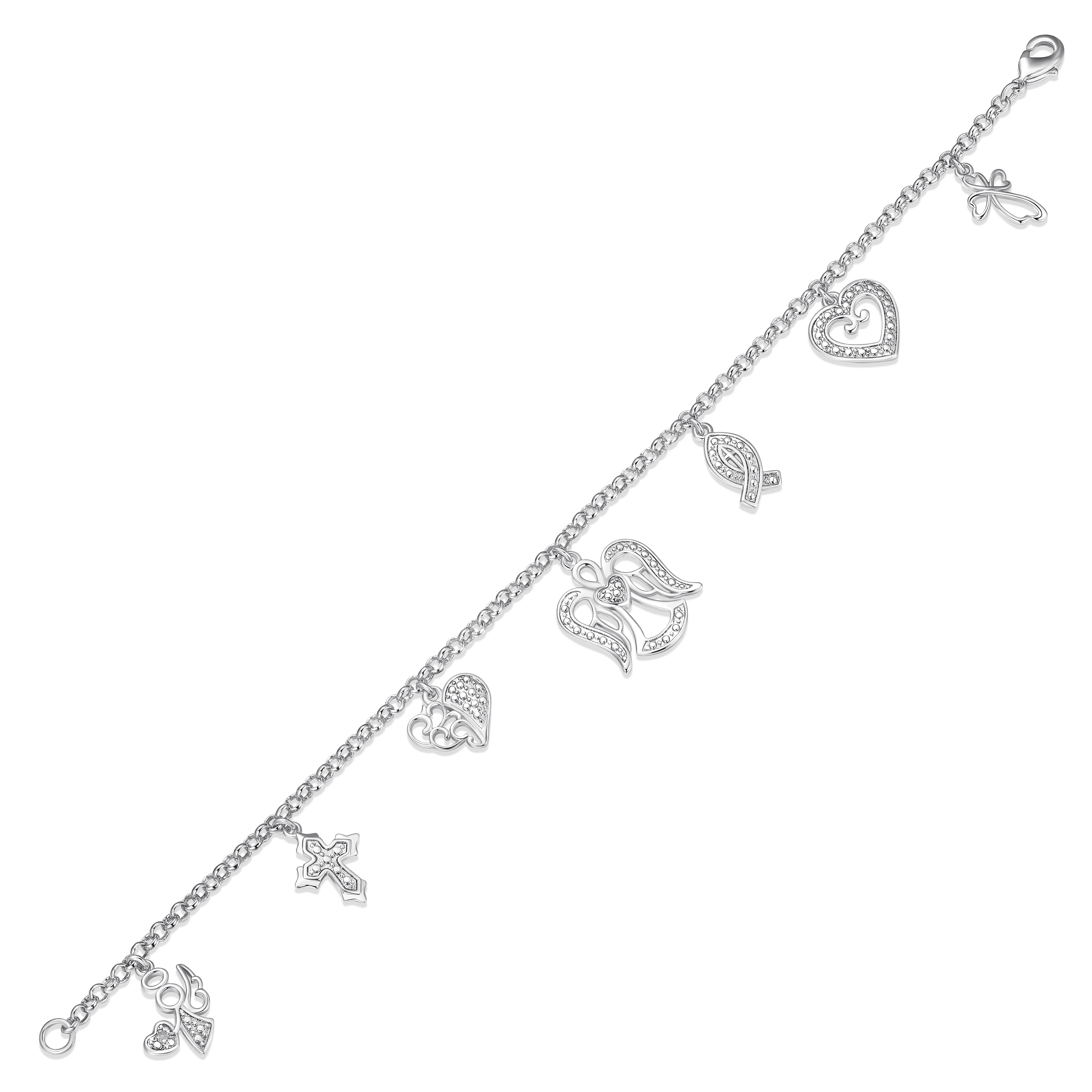 Forever Facets Women's Diamond Charm Bracelet Set in Silver Plated Brass, 7.25 inch