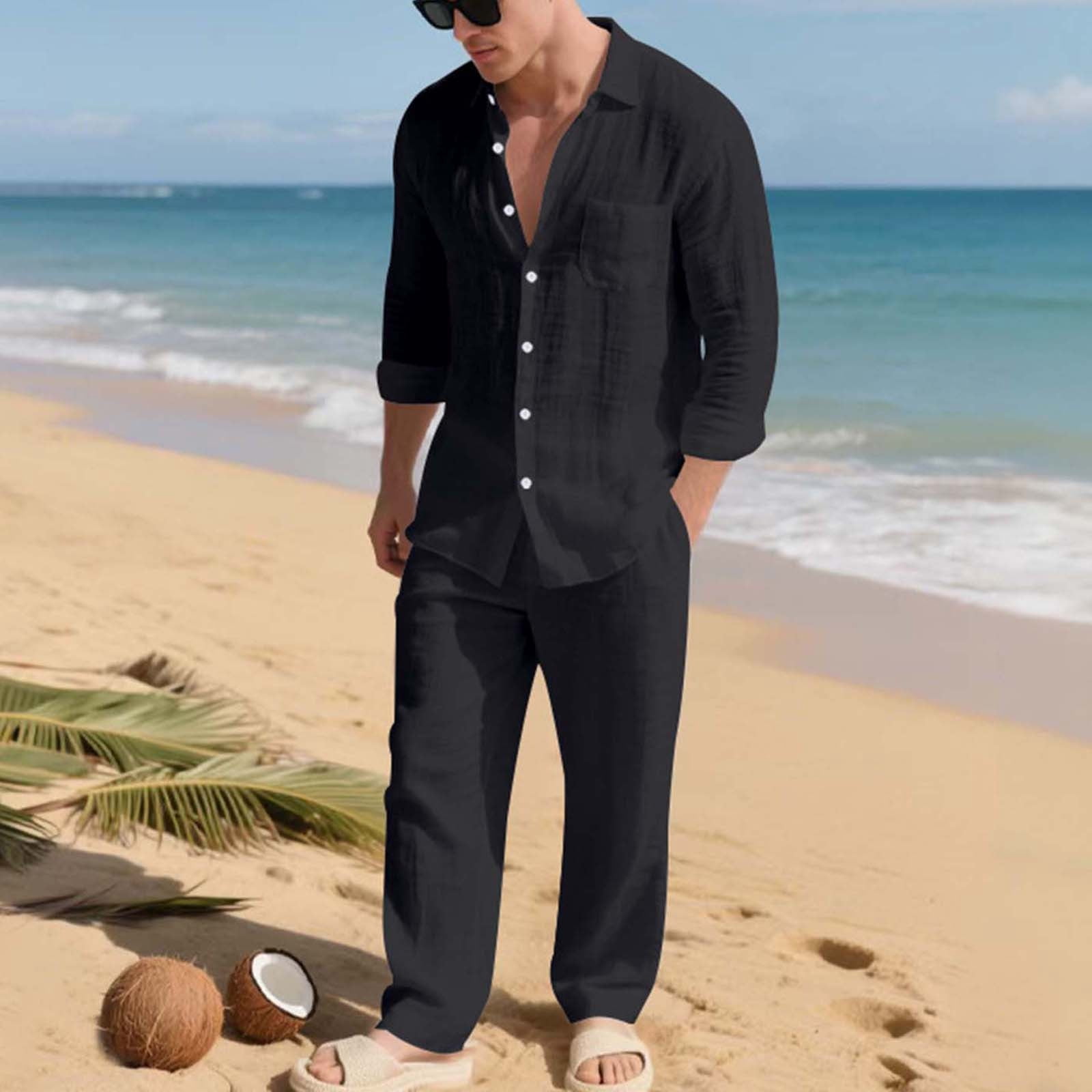 Men's Linen Casual Outfits Piece Solid Color Cuban Shirt and Pants Set Lightweight Beach Vacation Suit