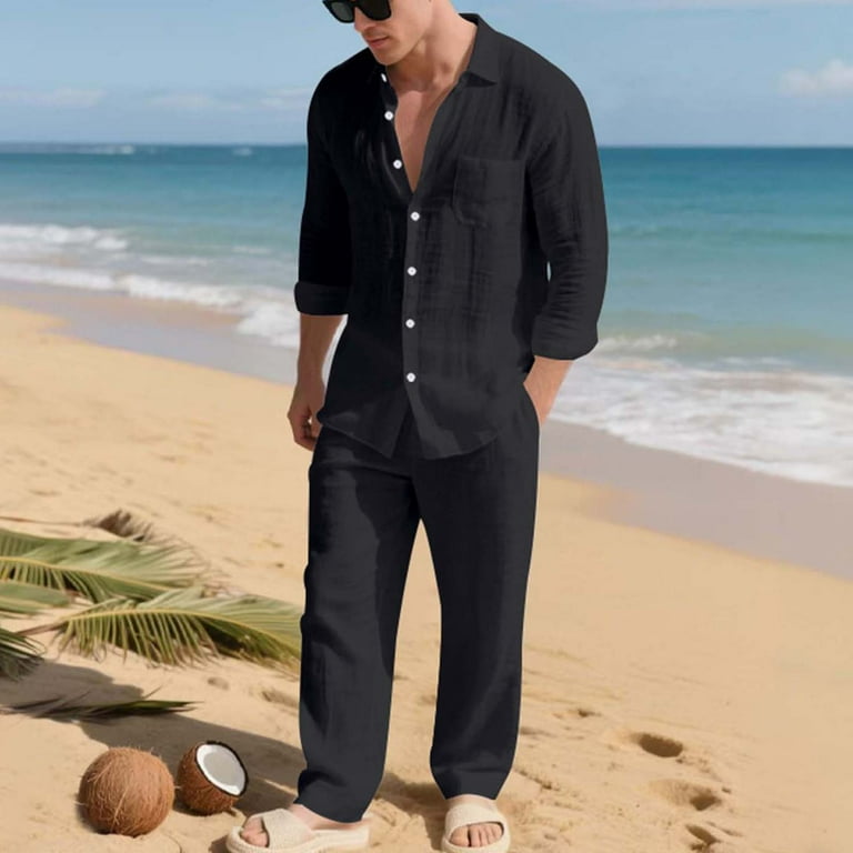 Men's Linen Casual Outfits Piece Solid Color Cuban Shirt and Pants Set  Lightweight Beach Vacation Suit - Walmart.com