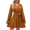 thumbnail image 2 of Usmixi Womens Dresses Long Sleeve V-Neck Solid Mini Summer Dress Tie Waist Flowy Pleated Swing Casual A Line Dresses Yellow Up to 65% off, 2 of 7