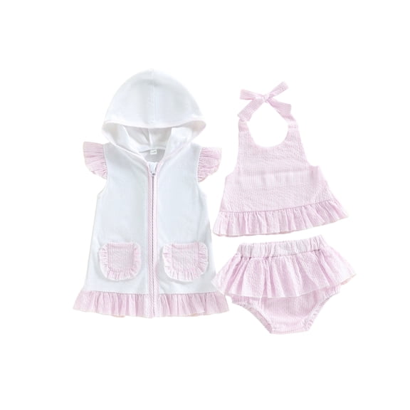 BemeyourBBs Toddler Baby Girl 3 Piece Swimsuit with Cover up Set Infant Bathing Suit Sleeveless Stripe Halter Top Bikini Bottom Coverups Set Summer Pool Beachwear