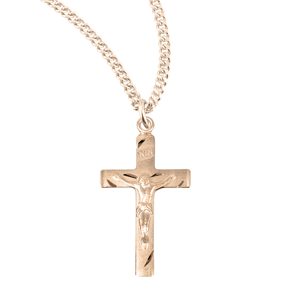 16kt Plated Sterling Silver Basic Engraved Crucifix, Small Plain Cross Pendant with 18" Gold Plated Stainless Steel Chain Necklace- Made in USA - Deluxe Velvet Gift Box