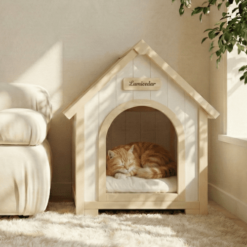 Indoor Wooden Dog House for Small Dogs and Cats Solid Cedar A-Frame Pet House with EVA Cushion Scandinavian Design, Creamy White,Light Yellow