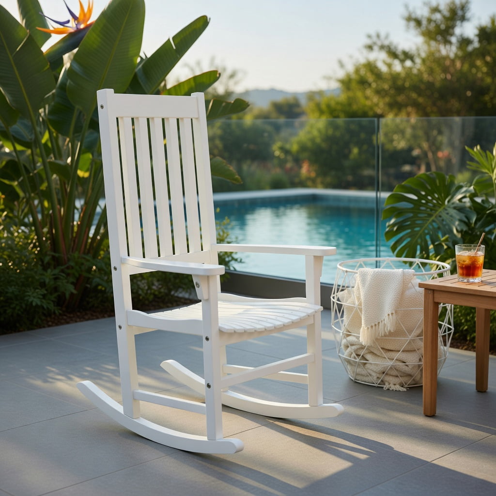 Hommoo Acacia Wood Indoor & Outdoor High-Back Rocking Chair, Weather-Resistant Patio Rocker for Backyard, Balcony & Living Room, White